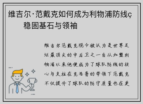 维吉尔·范戴克如何成为利物浦防线的稳固基石与领袖