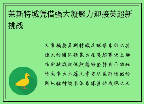莱斯特城凭借强大凝聚力迎接英超新挑战